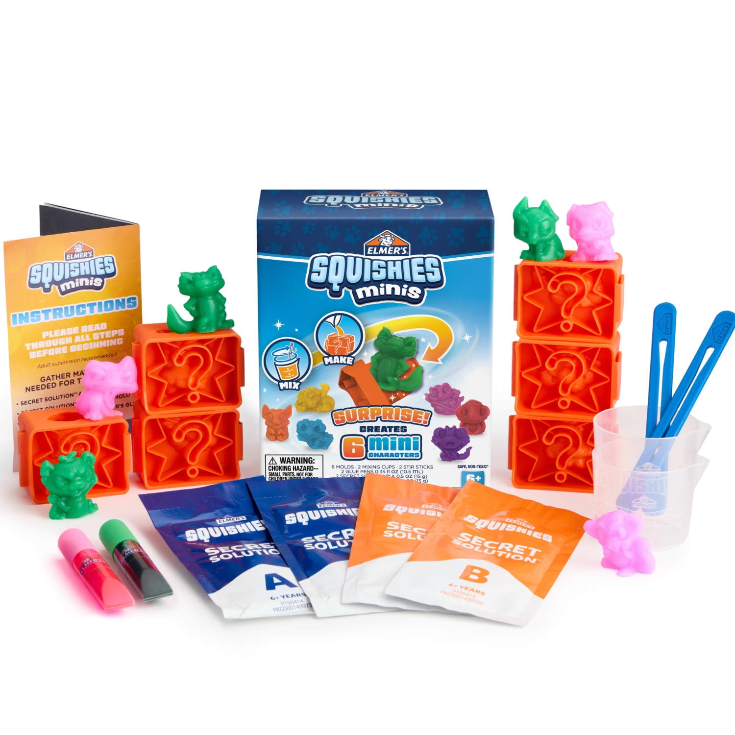 (4 pack) Elmer's Squishies Minis, DIY Miniature Squishy Toys, Arts and Crafts for Kids, Creates 6 Zoo Characters