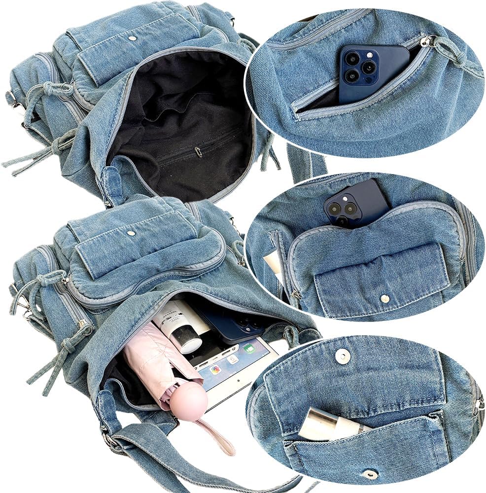JennyShop Large Capacity Tote Purse with Multiple Pockets, High Quality Denim Shoulder Handbag, Classic Versatile Crossbody Bag