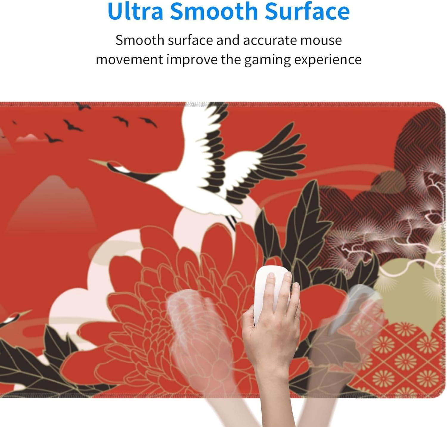 Japanese Crane Birds Mouse Pad, Waterproof Extended Large Gaming Mousepad Desktop, Big Long Non-Slip Mouse Mat for Laptop, Keyboard, Computer for Decor Office, (Red, 31.5 * 11.8 in)