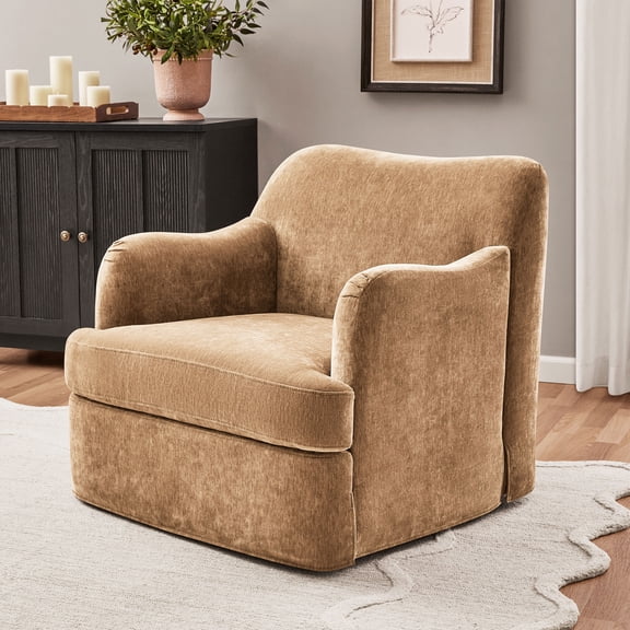 My Texas House Lauren Swivel Accent Chair with Honey Brown Fabric Upholstery