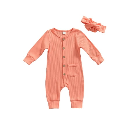 

Bebiullo 2Pcs Baby Girls Outfit Solid Color Single-breasted Long Sleeve Romper with Pocket Headband Fall Outfits Set