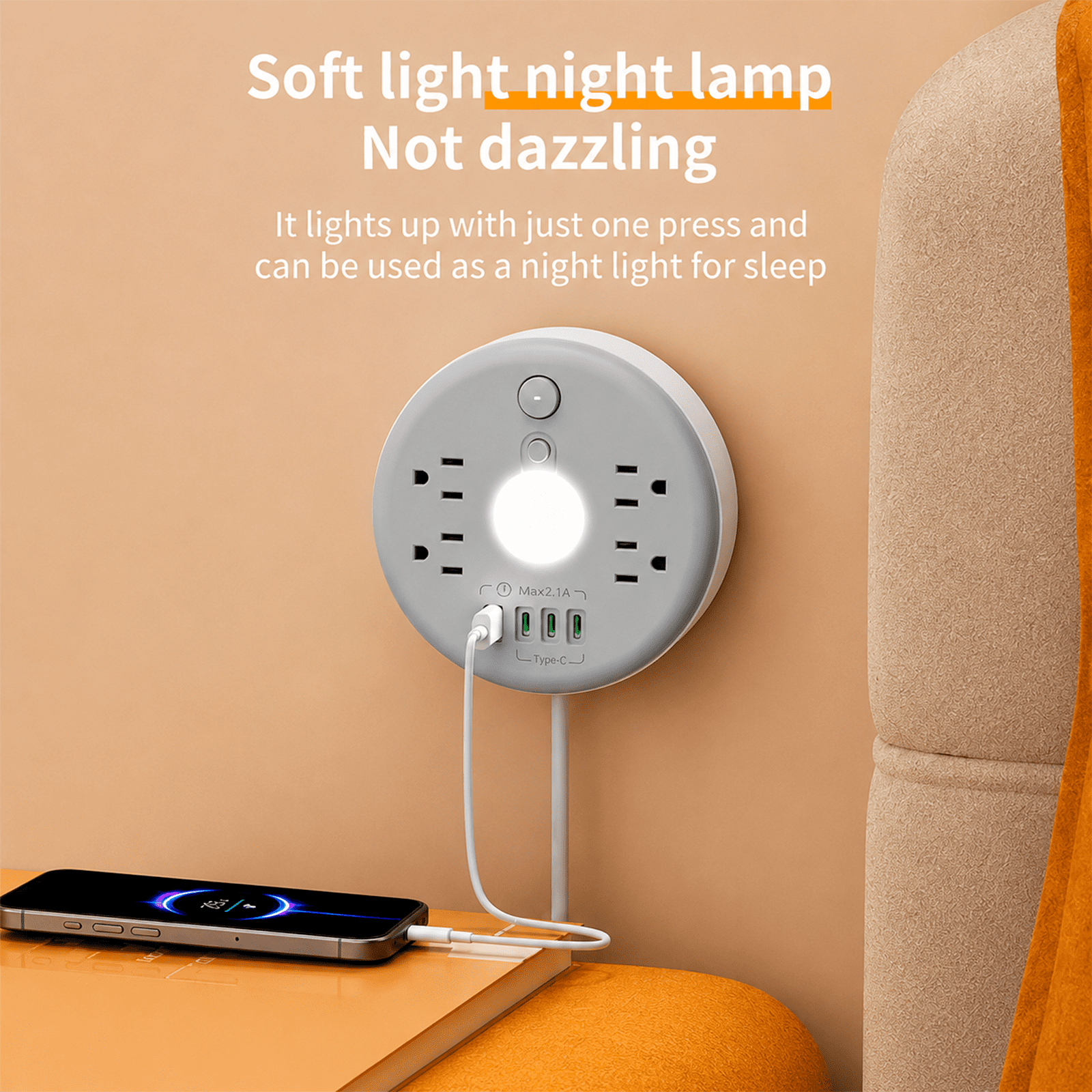 Extendable Power Socket Extender with 2.8m Retractable Cord, 4 AC Outlets, USB-A and USB-C Ports for Bedside, Desk, Sofa
