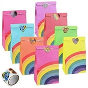 BUZIFU 40 Pcs Rainbow Party Bags, Paper Party Bags Multicolor Kraft Paper Gift Bags Grocery Candy Treat Bags, Sweet Bags with a Roll of 100 Heart Stickers, Goody Bags for Kids Birthday Party