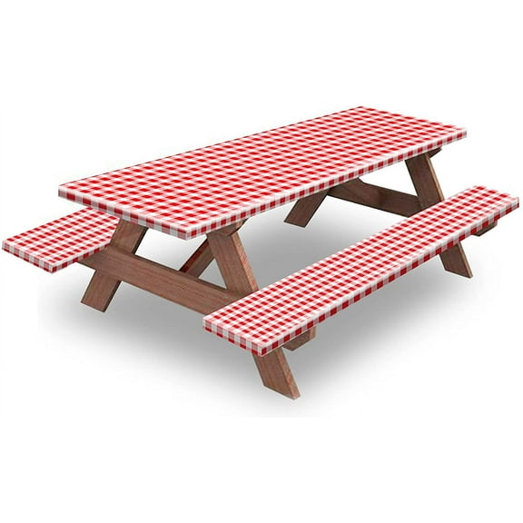 6ft Picnic Table and Bench Cover, Camping Essentials RV Gear, 72in Waterproof Windproof Outdoor Elastic All Around Tablecloth, Fitted Rectangle Tables and Seats, Red-White Checkered