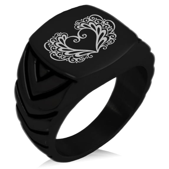 Stainless Steel Floral Filigree Heart Chevron Pattern Biker Style Polished Ring