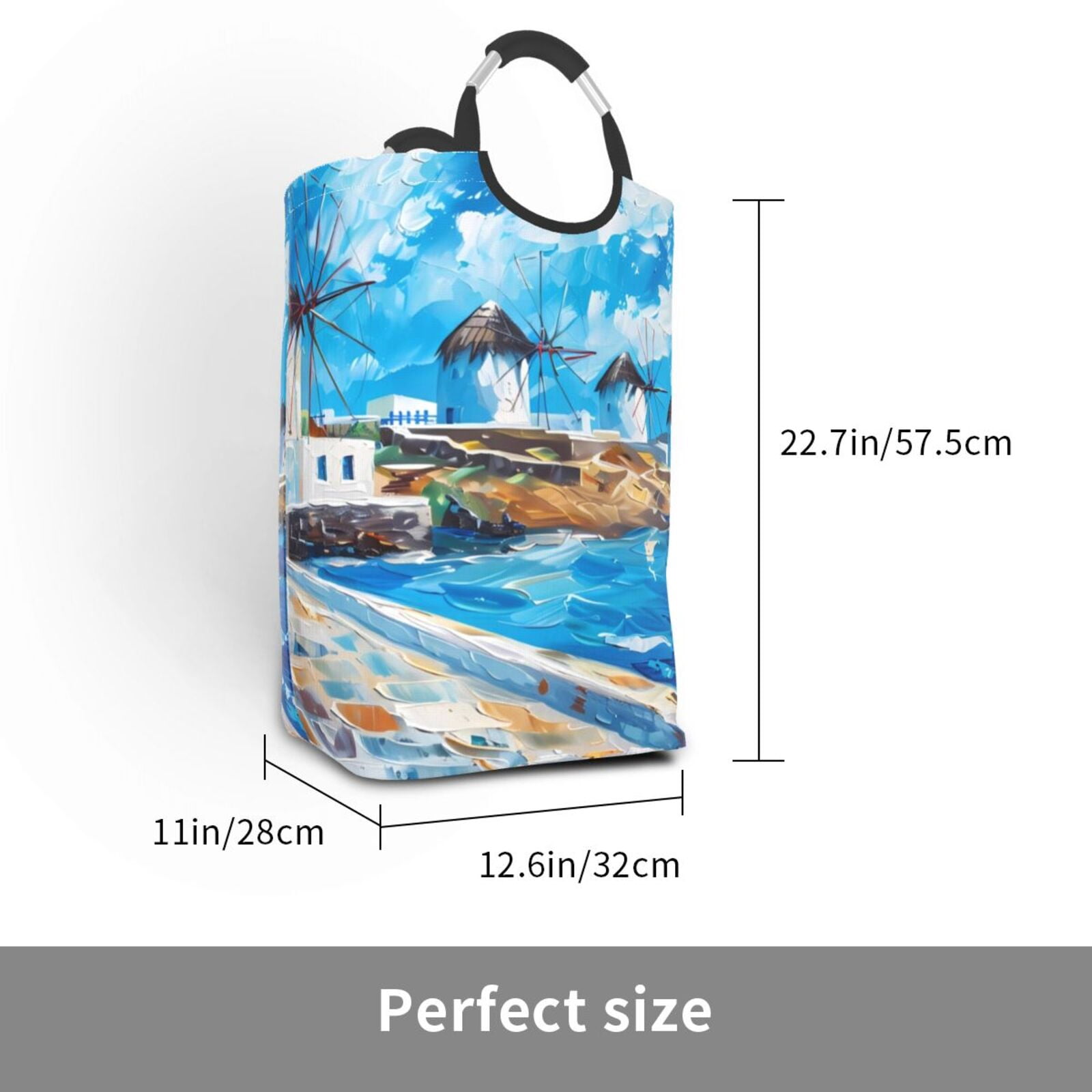 Xecao Greek Island Windmills Painting for Laundry Basket,Collapsible Large Laundry Hamper,Wash Bag for Laundry Room, Rolling Laundry Basket with Handles
