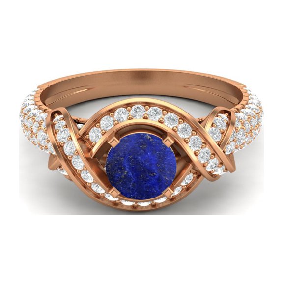 Estate Ring 6MM Round Lapis 925 Sterling Silver Rose Vermeil Women Valentines Day Gifts Ring
