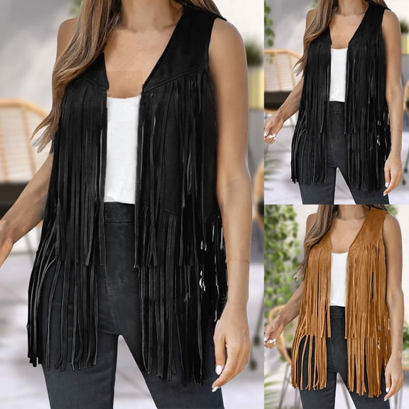 Manxivoo Sleeveless Fringe Vest 70s Hippie Costume Western Suede Tassel Leather Outerwear for Women