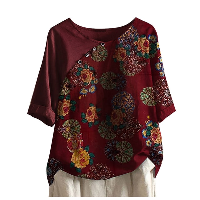 Vestidos Casuales Para Mujer, Blusas De Mujer De Moda Blusa informal de manga corta con cuello redondo y estampado para mujer