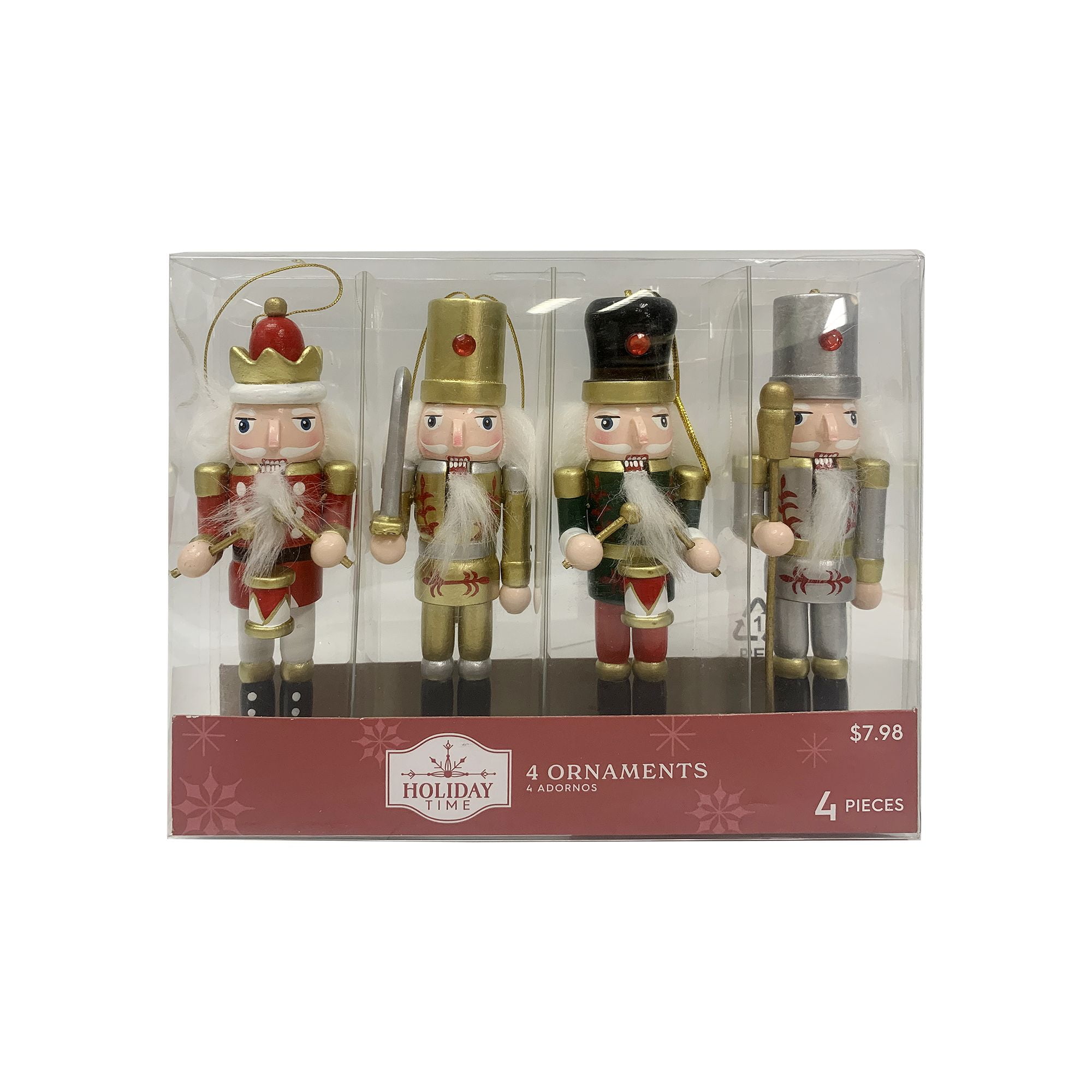 Holiday Time 5 inch Christmas Nutcracker Hanging Wood Ornament,4 pack