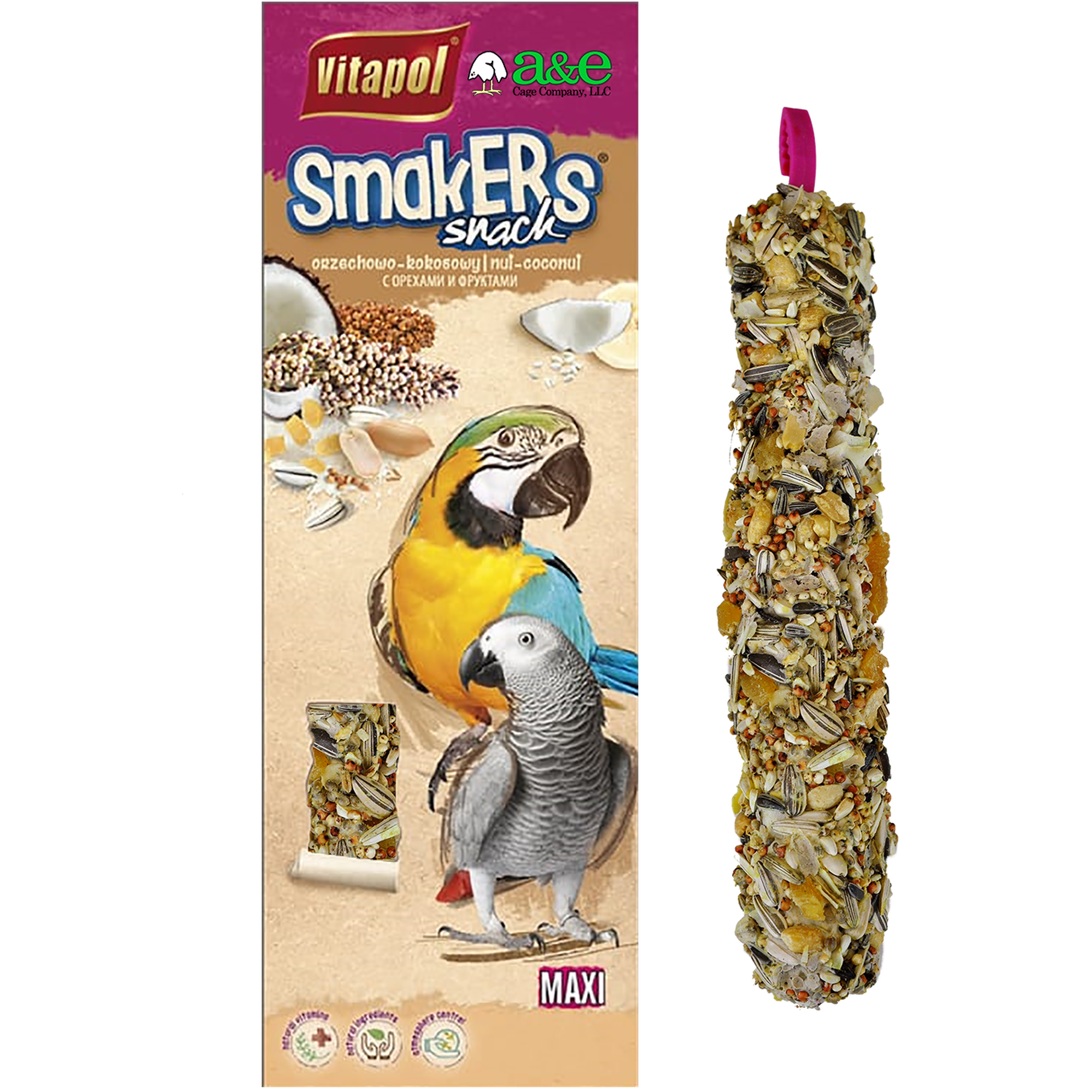 A&E Cage Co Smakers MAXI Parrot Nut/Coconut Treat Stick, Twin Pack