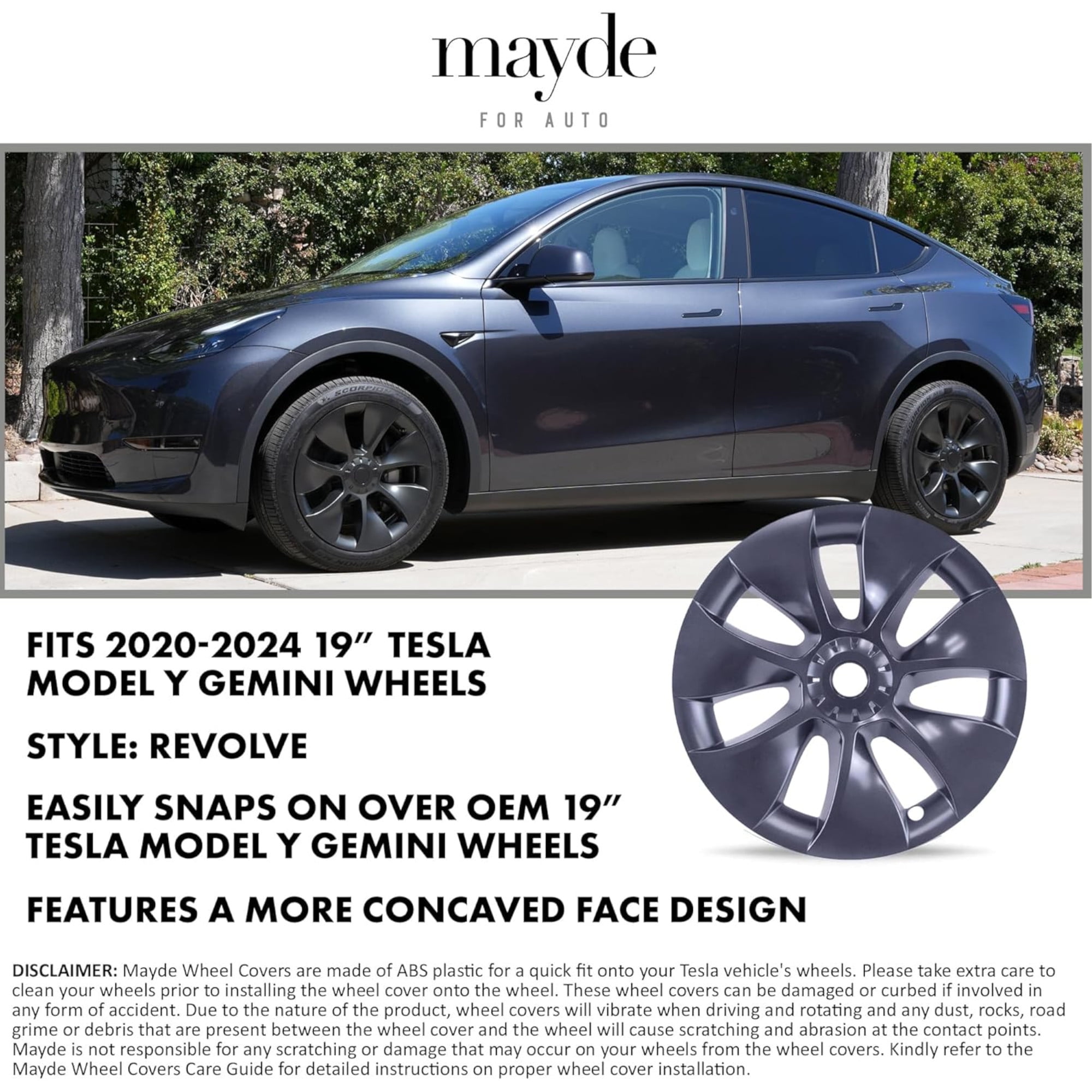 Mayde 19-Inch Hub Caps fits 2020-2024 Tesla Model Y, Replacement Wheel Covers (Set of 4) - Revolve, Gunmetal Gray