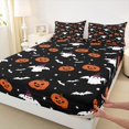 thumbnail image 4 of Homewish Spooky Halloween Witch Ghost Queen Sheets,Pumpkin Bat Stars Pattern Queen Sheet Sets,Black Orange,4pcs,1 Flat Sheet,1 Fitted Sheet and 2 Pillowcases, 4 of 6