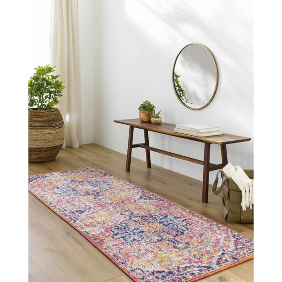 Hauteloom Shueyville Boho Colorful Runner Rug for Hallway, Bedroom Area Rug - Traditional Vintage Medallion Carpet - Orange, Purple, Magenta, Teal - 2'7" x 7'3"