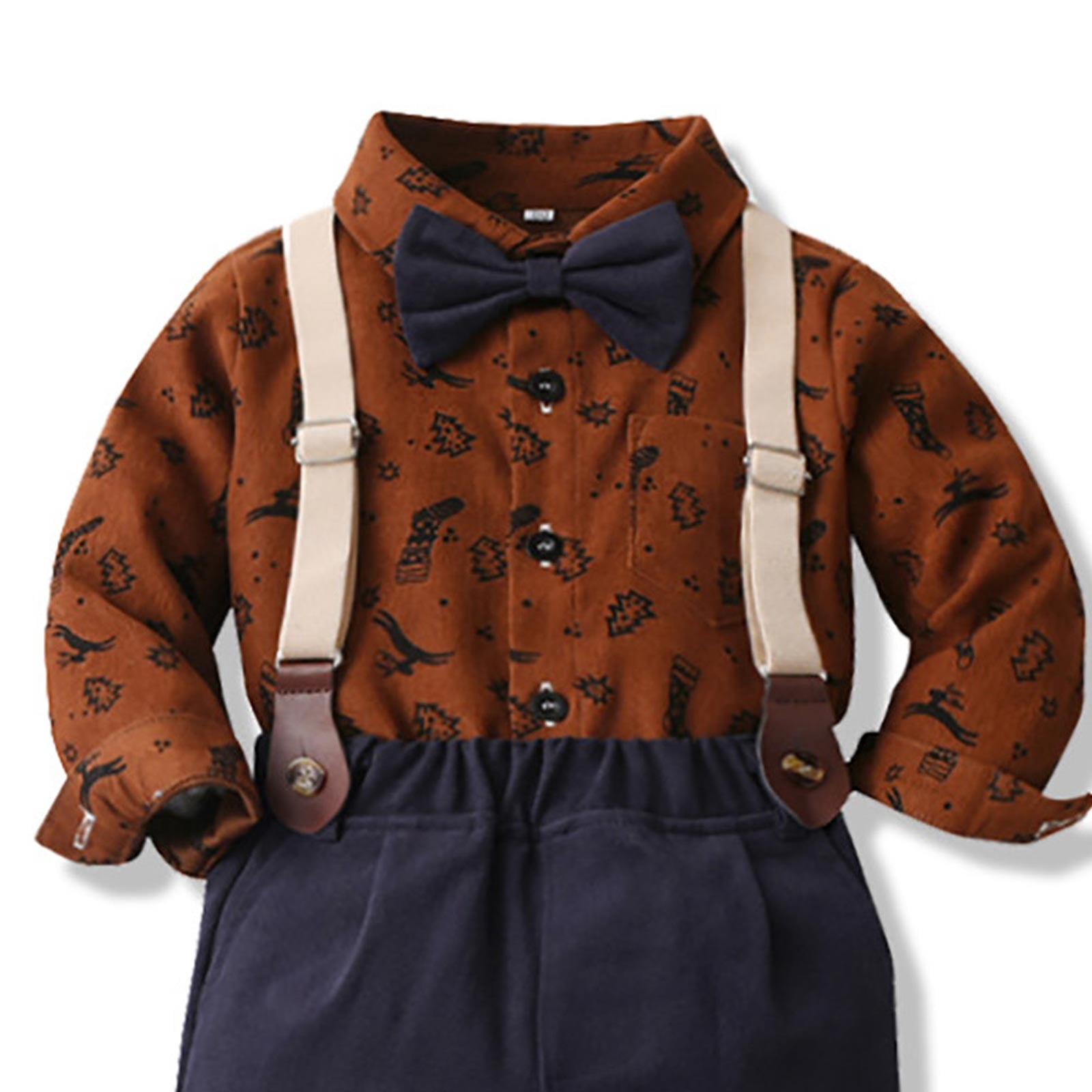 Splozh Boys Dress Clothes Boys Long Sleeved Shirt and Overalls Suit Comfortable Soft Fashionable Christmas Print Gentleman Suit for Boys Brown,12-18 Months