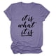 thumbnail image 1 of Camisa con estampado de letras, cuello redondo, manga corta, informal, suave, de gran tamaño, con estampado de letras, top de verano para mujer, morado (letra negra) M, 1 of 4
