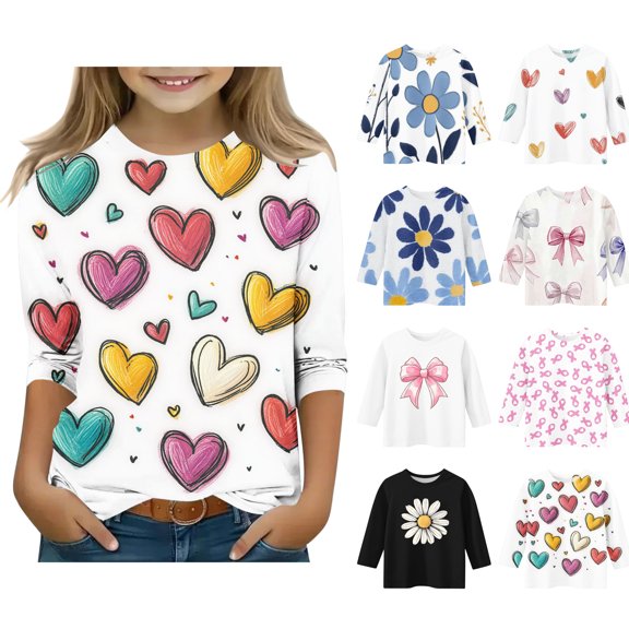 Asxite Girls and Boys Print Tops 3/4 Sleeve Crew Neck T Shirt Fall Casual School Uniform