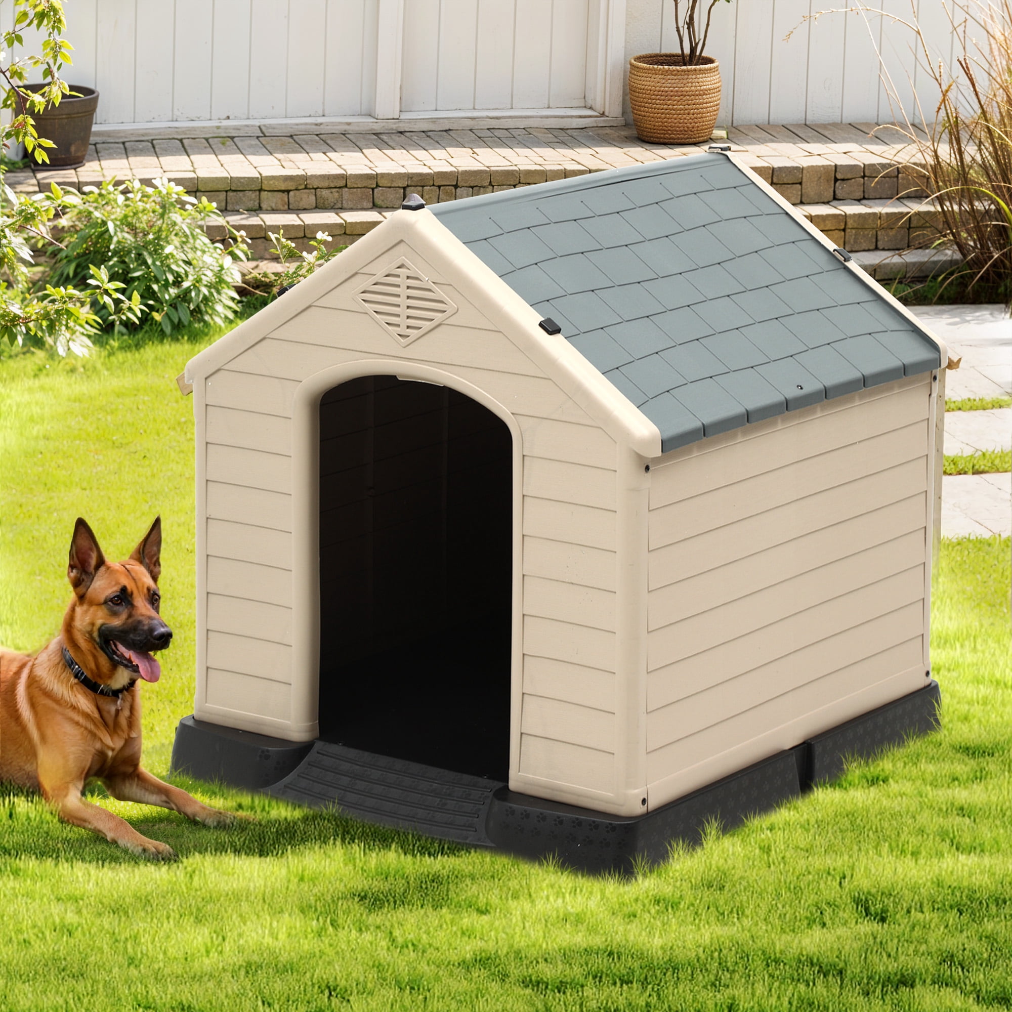 Uforic Large Waterproof Plastic Dog House with Air Vents and Elevated Floor, Outdoor Indoor Doghouse Puppy Shelter,Gray+Brown,41''Lx 38''Wx 39''H