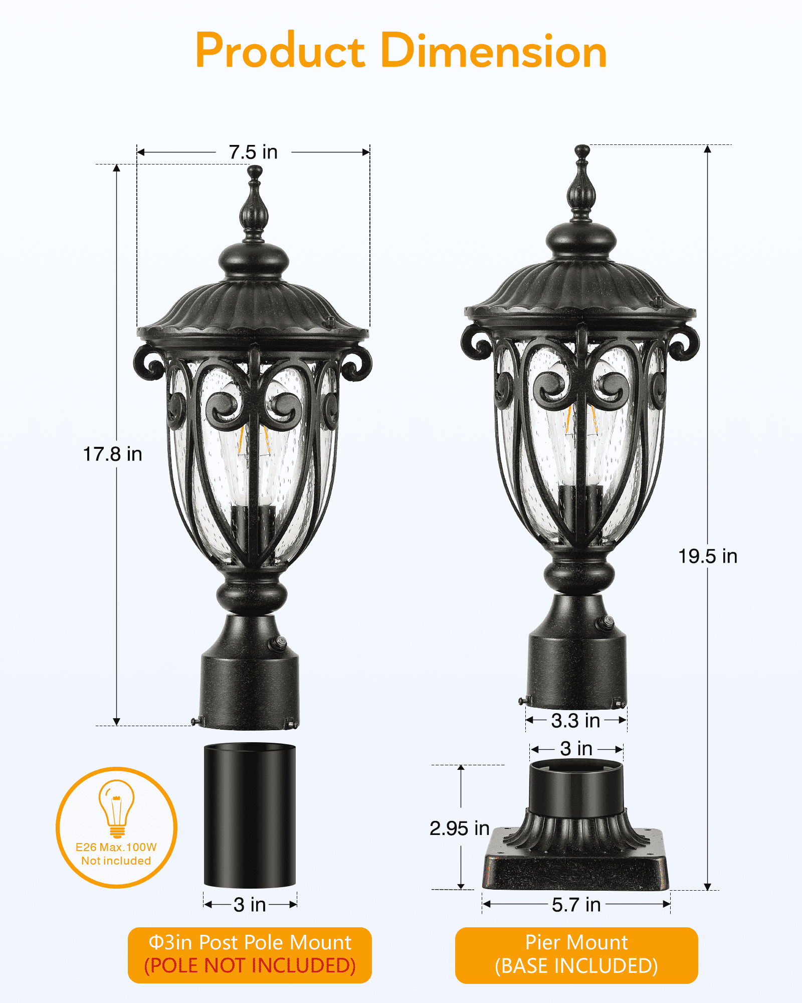 VIANIS Dusk to Dawn Outdoor Lamp Posts Light with Pier Mount Base, Aluminum 3-inch Outdoor Post Light, Waterproof bronze Exterior Lamp Post for Driveway, Backyard, Patio(Hardwired 120V, Not Solar)
