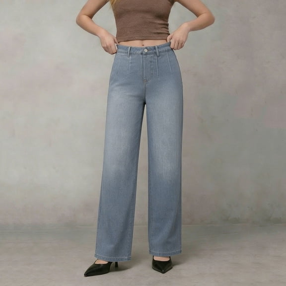 Cagogo Women Plus Size Wide Leg High Waisted Flowy Jeans with Pockets Denim Casual Streetwear Long Pants Party Trousers, Light Blue 2XL