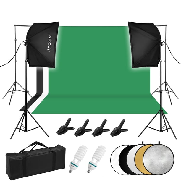 Kit de fotografía Andoer Professional Studio Photography Light Kit Incluye 50 * 70cm Softboxes * 2 / 135W 5500K Bombillas * 2 / Soporte de luz de 2M * 2/1 * Juego de soporte de fondo / 3 * Fondos (bla Andoer Kit de fotografía