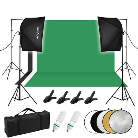 

Andoer Professional Studio Photography Light Kit Including 50*70cm Softboxes * 2/ 135W 5500K Light Bulbs * 2/ 2M Light Stand * 2/ 1 * Set of Backdrop Stand/ 3 * Backdrops(White/Black/Green)/