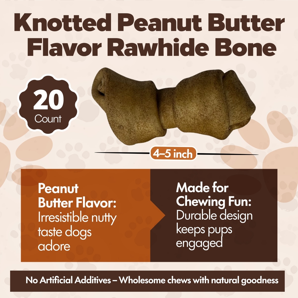 Knotted 4 to 5-in Peanut Butter Flavor Rawhide Bone Dog Treats, 20 CT