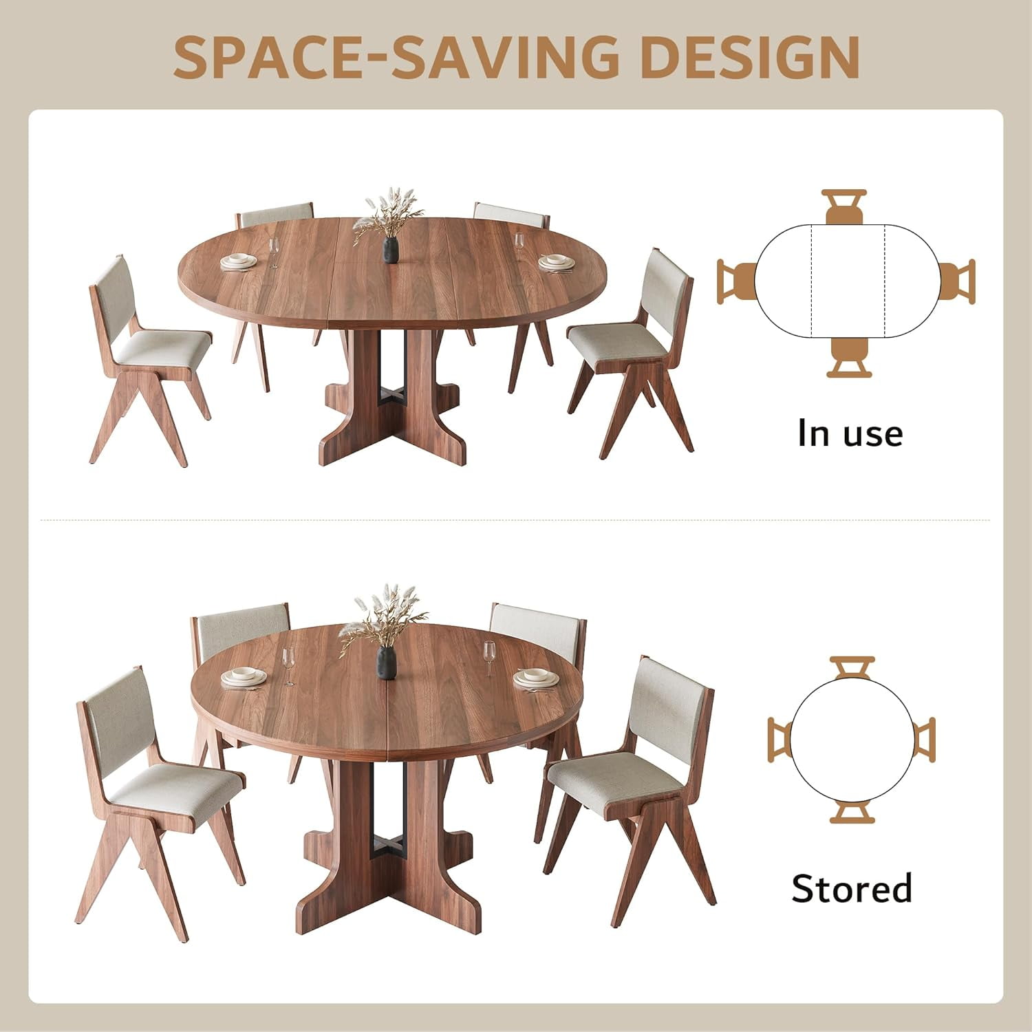 iPormis 59" Round Extendable Dining Room Table for 6, Modern Oval Kitchen Table with Heavy Duty Wood Base, Dinette for Kitchen Living Room,Walnut