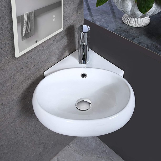 ELECWISH White Ceramic Bathroom Sink Triangle Bathroom Wall Mount Sink
