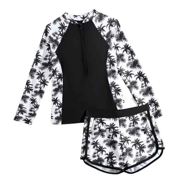 MEZZALL Summer Long Sleeve Two Piece Girls Swimsuit Rash Guard Swimwear For Teen Youth Surfing Diving Boho With Cartoon / Flower Print Beachwear