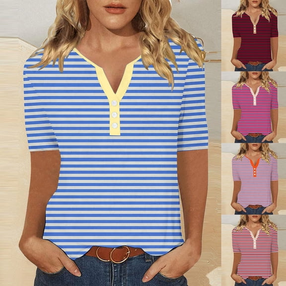 YHAJDS Women Tops Short Sleeve V Neck Button Down Shirt with Stripe Print Tee for Women