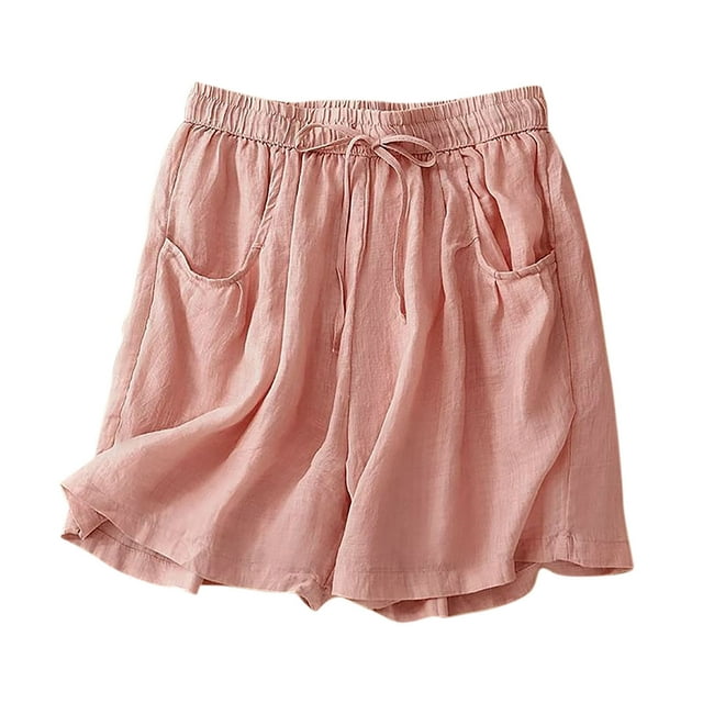 fheaev Linen Shorts for women Casual Bermuda Shorts High Waisted Lace-Up Drawstring Wide Leg Casual Beach Elastic Waist Knee Length Shorts with Pockets