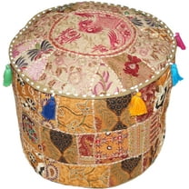 Indian Pouf Footstool Ethnic Embroidered Pouf Cover, Indian Cotton Round Pouffe Ottoman Pouf Cover Pillow Ethnic Decor Art-Beige-18 x 13 Inch