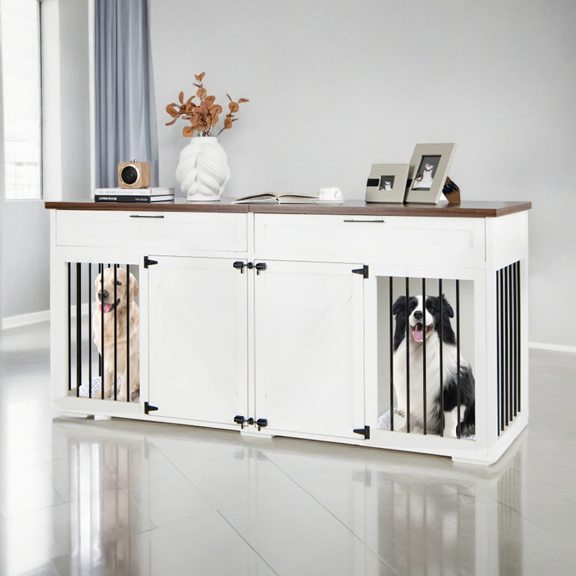 resenkos 72" Double Door Dog Crate with Partition for Two Puppies, Furniture Style Dog Cages, Indoor Wood Kennel with Room Divider, White