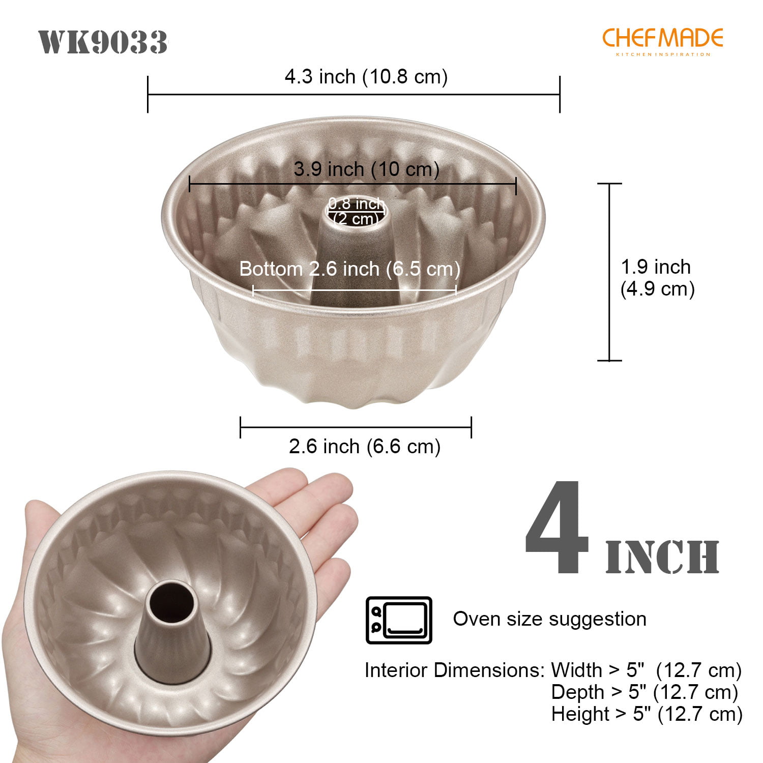 CHEFMADE Tube Cake Pan, 6.5-Inch Non-Stick Vortex-Shaped Tube Pan Kugelhopf  Mold for Oven and Instant Pot Baking (Champagne Gold)