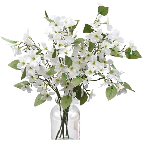 LIUCOGXI 7 Pcs Artificial Dogwood Flowers Floral Arrangements Artificial Silk Bridal Flowers Bouquets Fake Cornus Bush for Home Wedding Bouquet Kitchen Table Decoration Without Vase