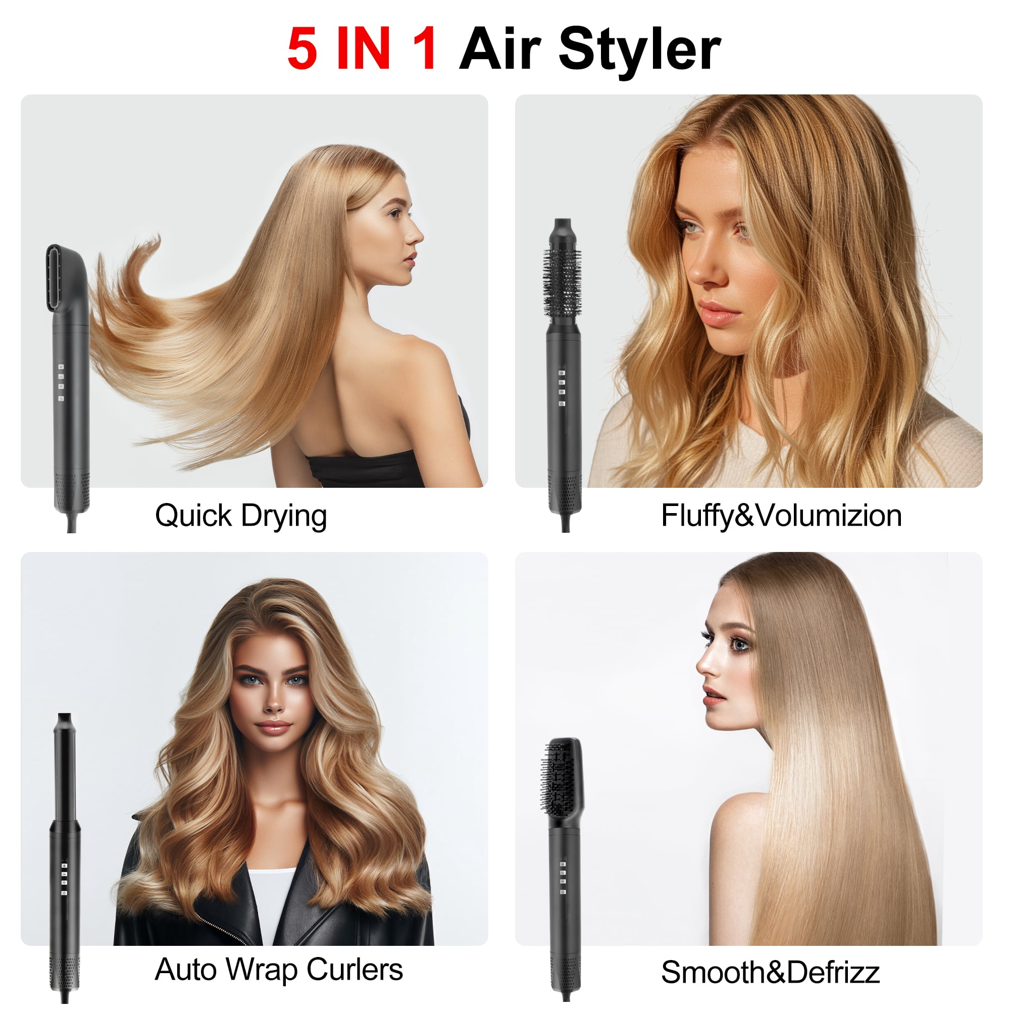 Unique Bargains 5 in 1 Air Styler Hot Air Brush Hair Dryer & Curling Iron with Attachments Professional Multi-Styler for Straightening Volumizing and Drying Lightweight & Fast Heating Black