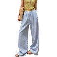 thumbnail image 2 of Women's Pants Vertical Stripe Print Linen Palazzo Pants Drawstring Elastic Waist Wide Leg Flowy Summer Casual Beach Trousers, 2 of 6