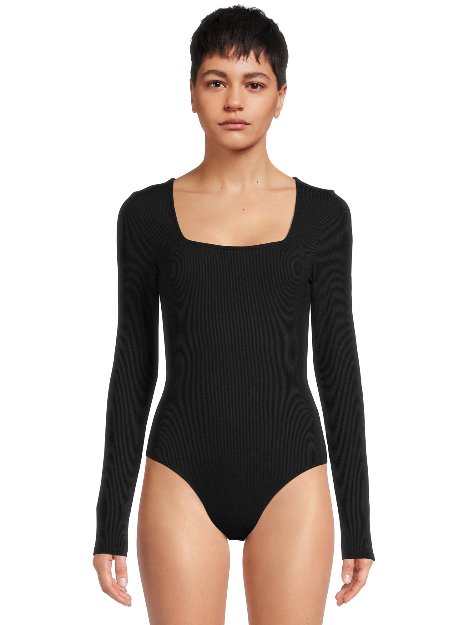 Belle du Jour Ribbed Square Neck Bodysuit Long Sleeve Stretch