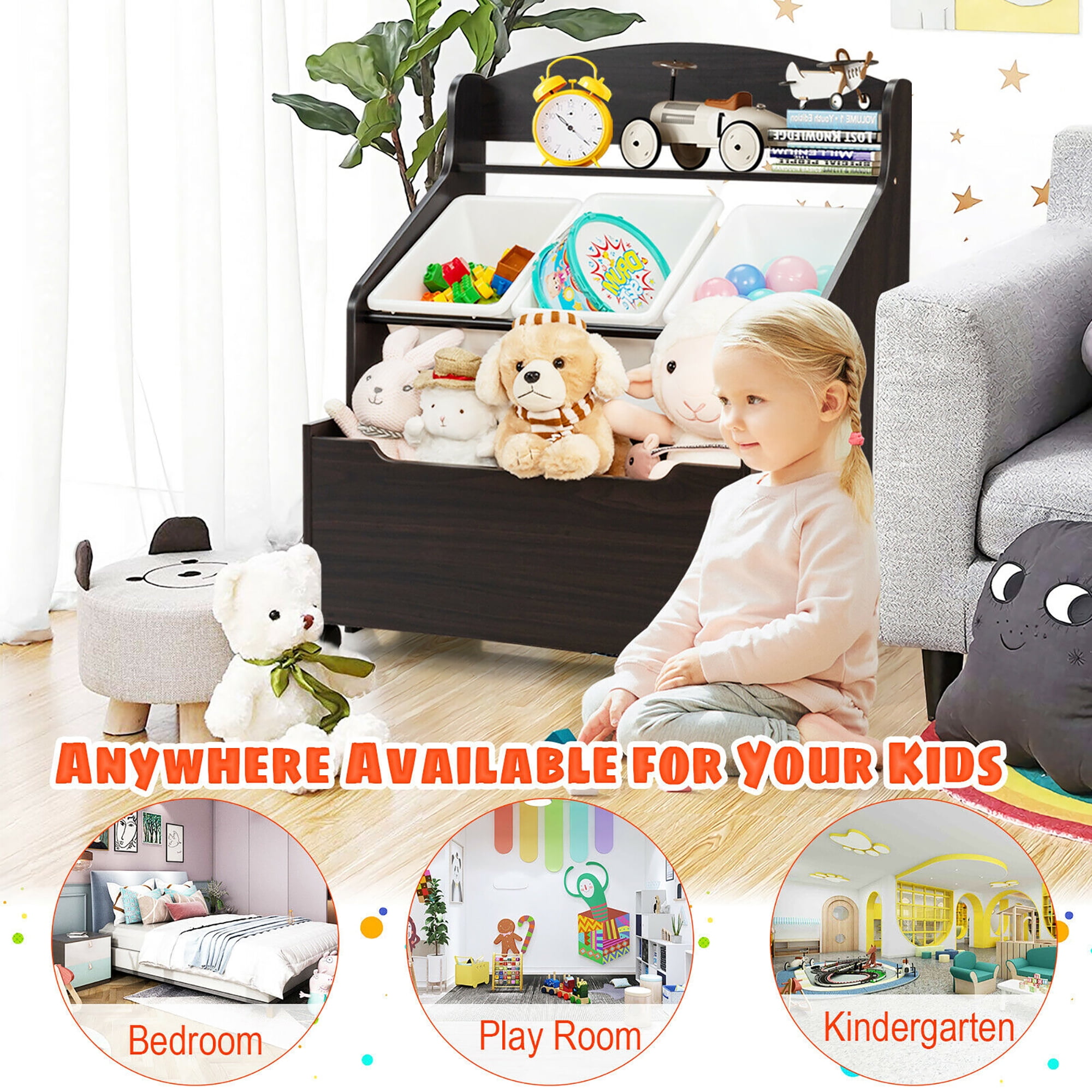 Costway Kids Wooden Toy Storage Unit Organizer w/Rolling Toy Box & Plastic Bins Espresso