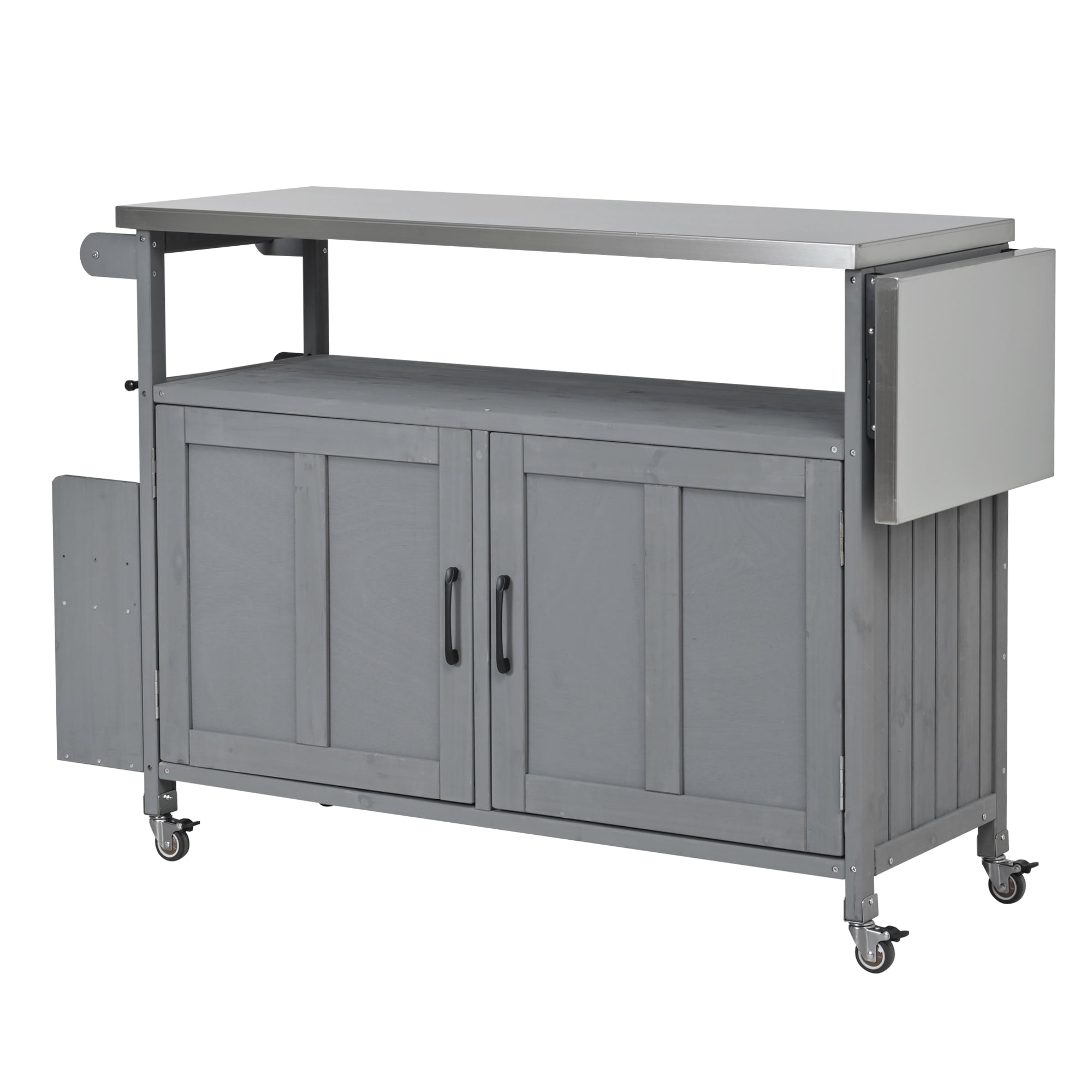 Harper & Bright Designs Outdoor Extendable Kitchen Island with Wheels, Patio Kitchen Cart with Foldable Stainless Steel Top, Portable Prep Station with Storage Cabinet and Towel Rack for Garden, Grey