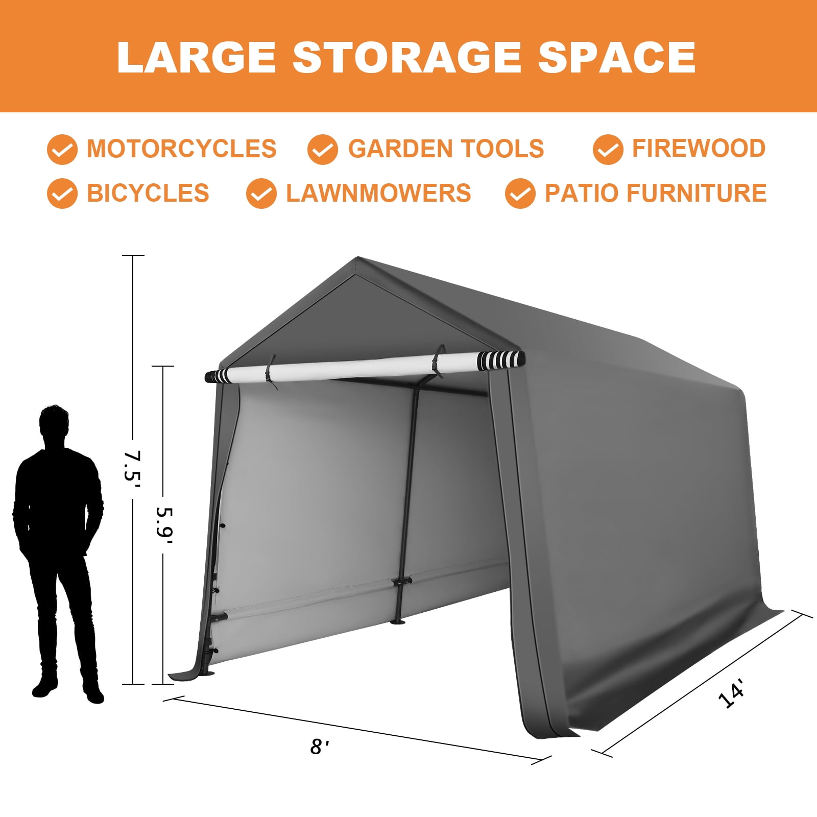 Abba Patio 8'x 14' Heavy Duty Portable Outdoor Storage Shelter Canopy, Waterproof Carport, All-Season Use, Grey