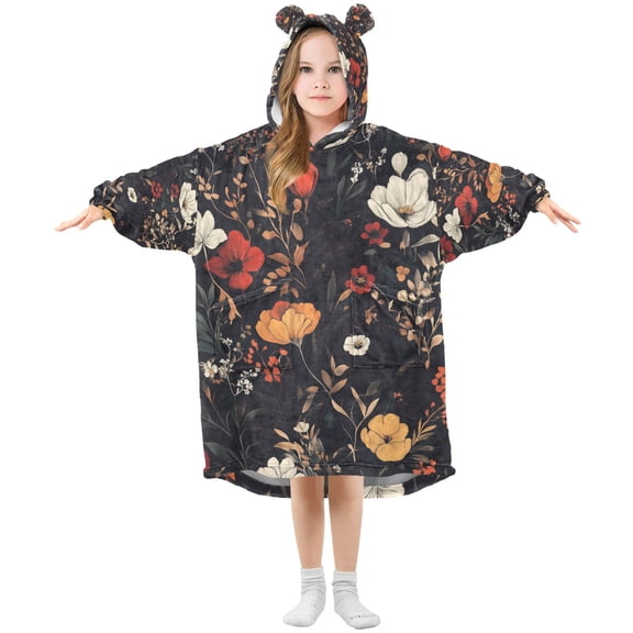 FORMRS Wearable Blanket Hoodie with Sleeves for Kids Cozy Flannel Sweatshirt, Black Floral Pattern