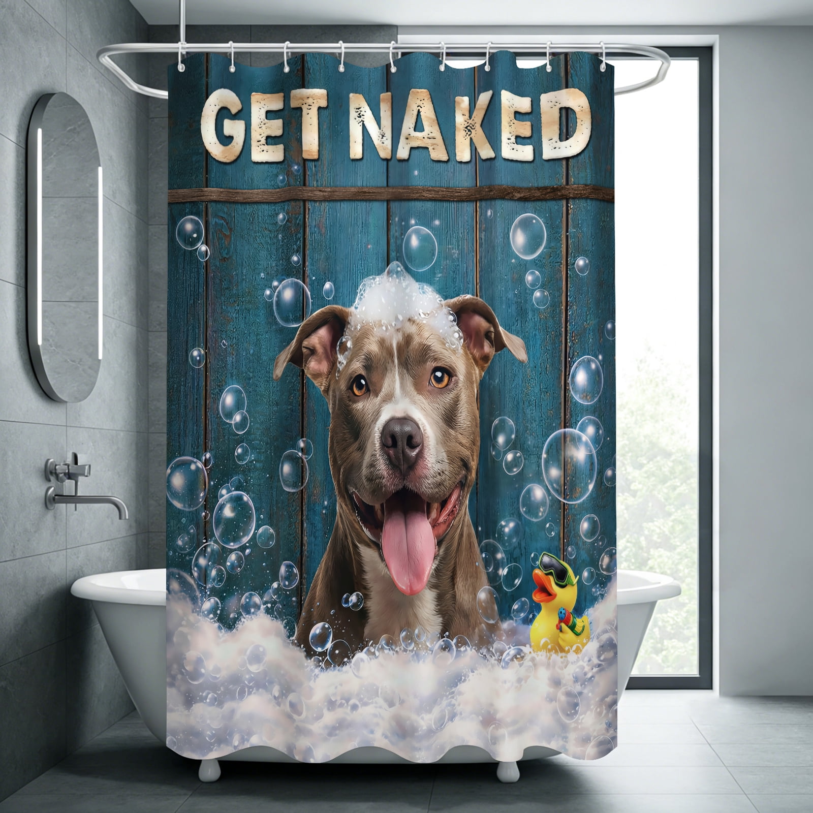 Funny American Pit Bull Terrier Shower Curtain with Hooks - Get Naked Humorous Bath Decor, Waterproof Fabric, Cute Dog in Bubbles with Duck, Funny Bathroom Accessory for Dog Lovers - 60"x72"