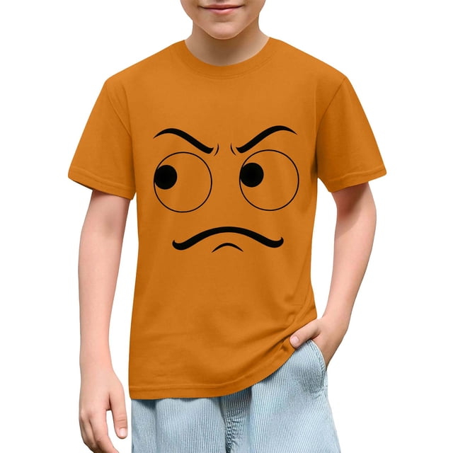 Blusas y camisas de manga corta con cuello redondo para niños y niñas, color liso, con estampado de expresión linda, manga corta, holgadas y cómodas, blusa para niña