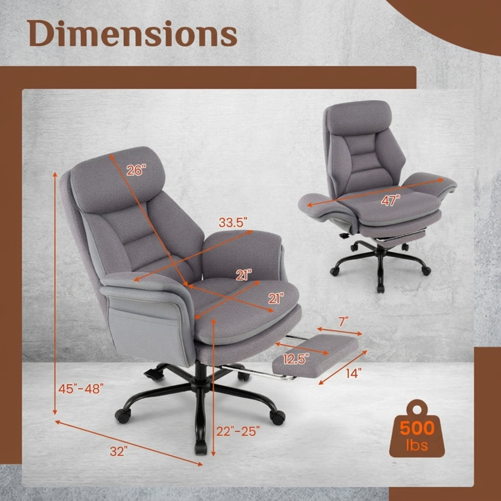 Furnibear Big and Tall Ergonomic Office Chair 400 lbs High Back Wide Linen Computer Chair with Retractable Footrest, Gray