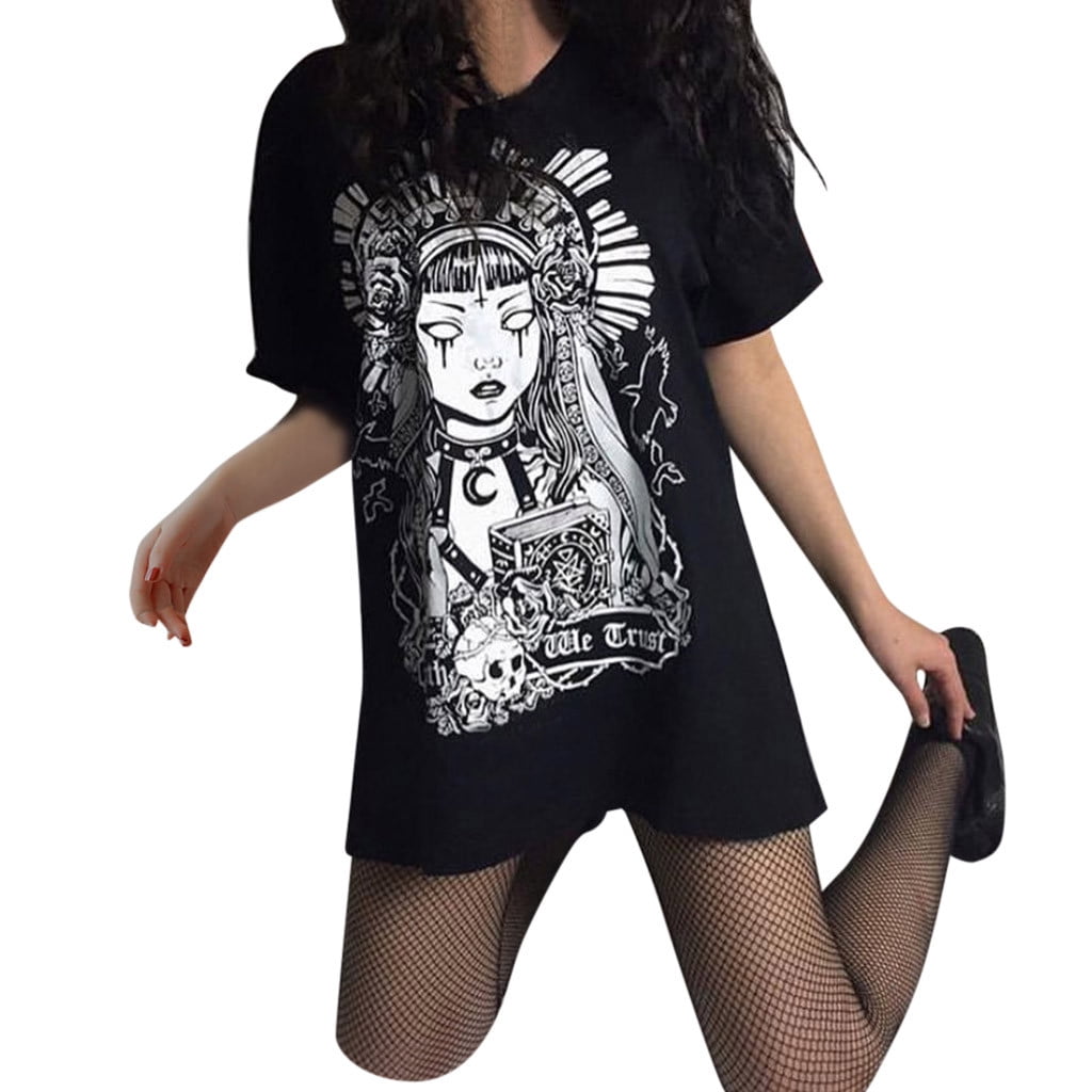 Plus Size Summer Dresses Plus Size Women Street Gothic Style Punk Black Retro Printed Short Sleeve Dress Walmart