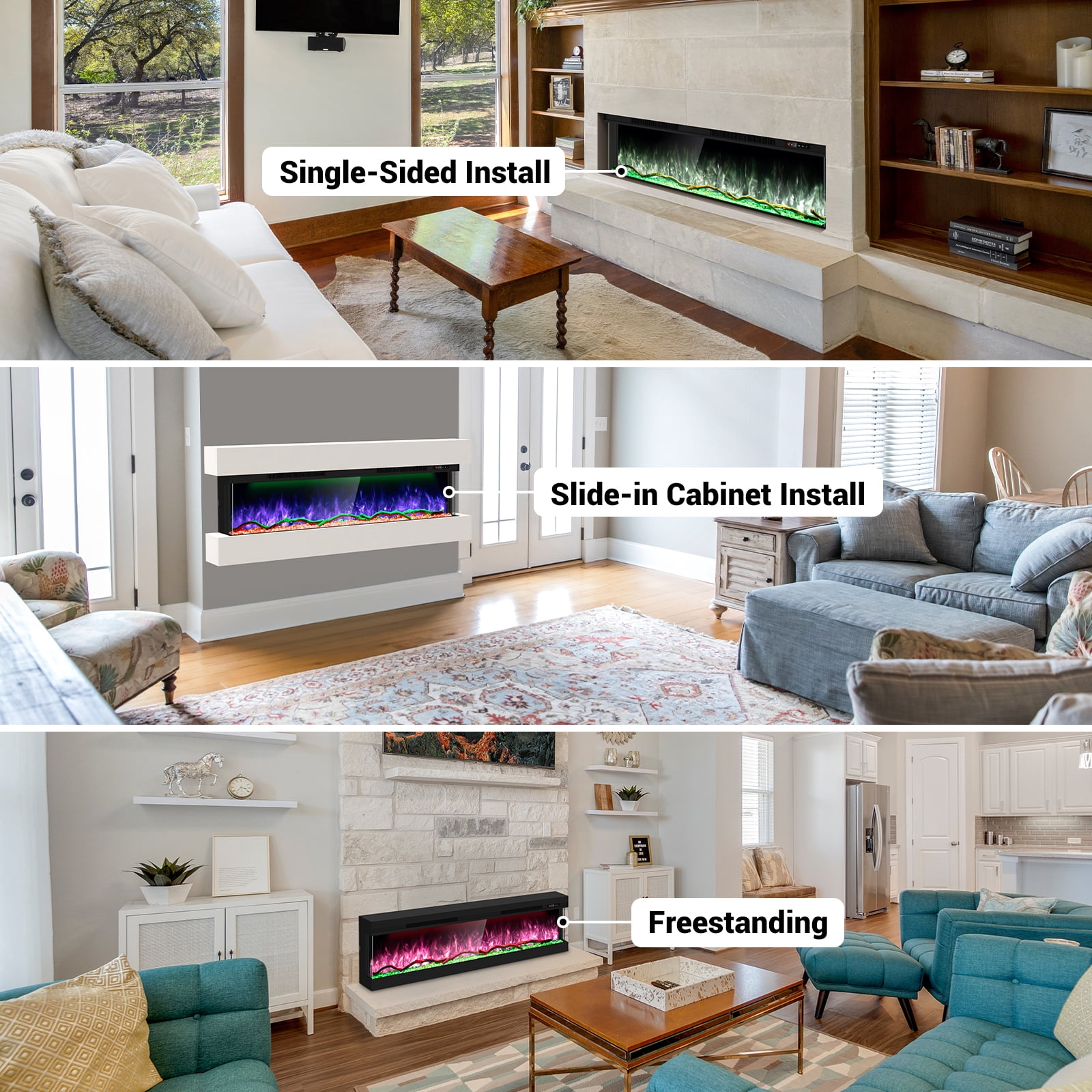 70 inch 3 Sided Glass Electric Fireplace with Touchscreen, APP & Remote Control, Smart Build-in Fire Places Heater 1500W with Multi-Color Flames, Cracking Sound, Timer
