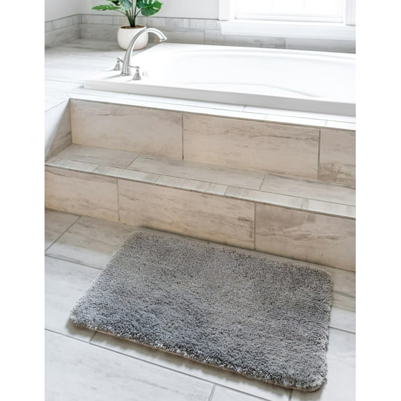 Rugs.com Bano Luxe Bath Mat Collection Rug – 2' x 3' Pewter Gray Machine Washable Shag Bath Mat, Extra Soft and Absorbent, Non-Slip, Quick Dry, Perfect for Bathroom