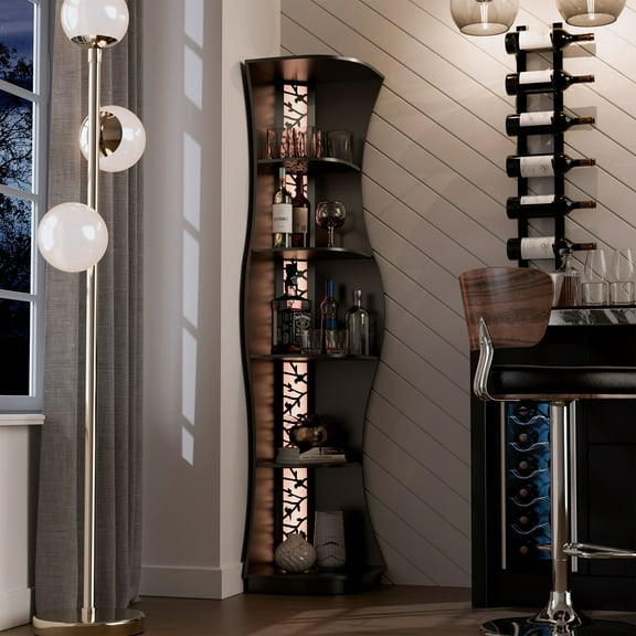Furniture of America Wilton Adult Contemporary 5-Shelf Corner Bookcase with LED Light, Black Pure
